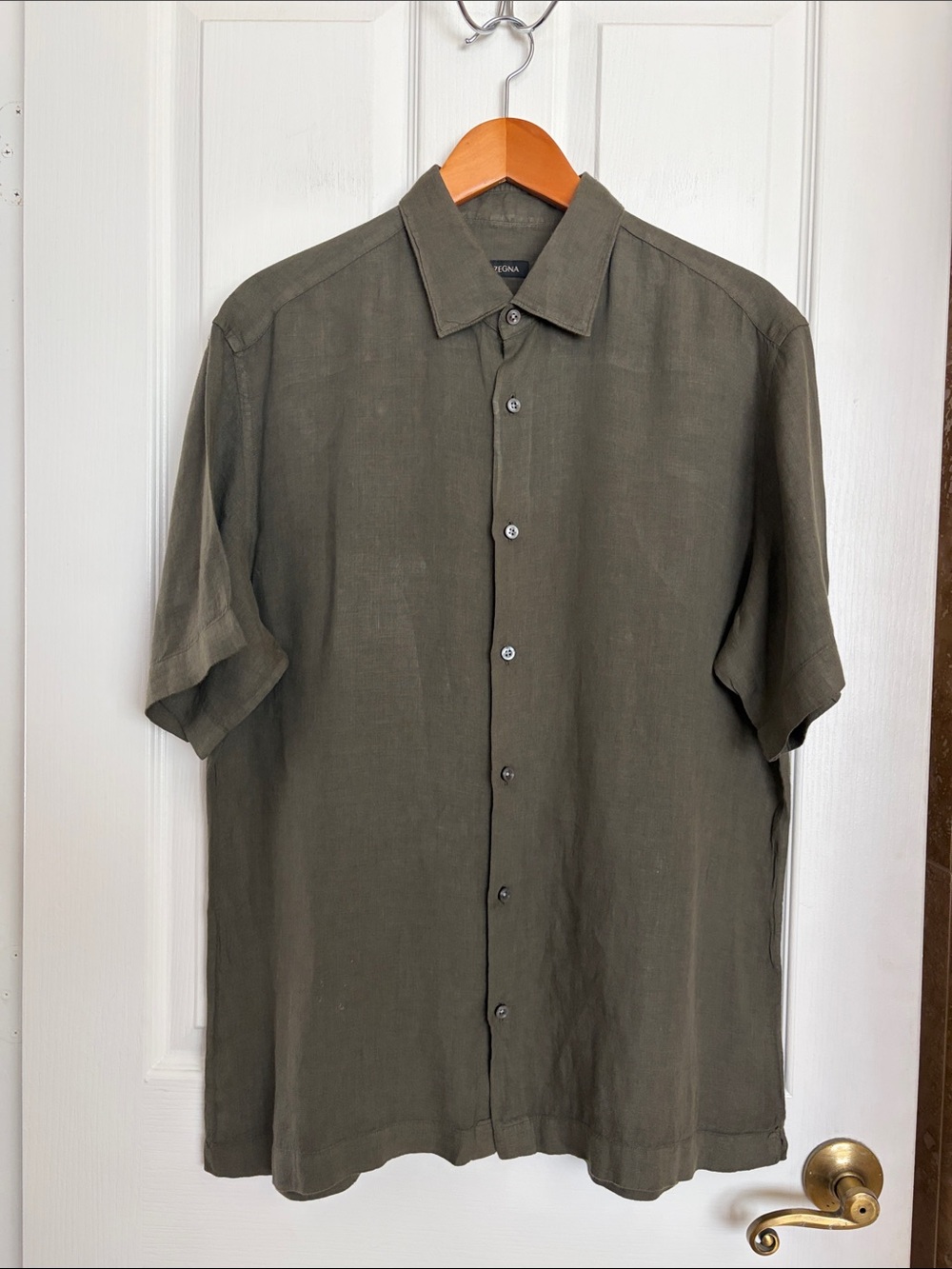 Z Zegna Olive Short-Sleeve Button-Down Linen Short Sleeve Shirt